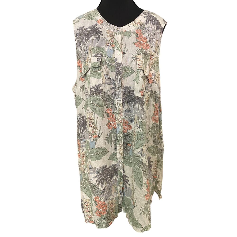 C&C California 100% Linen Surfer Beach Print Sleeveless Tunic Top 2X Swim Cover
